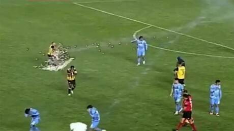 لحظة صادمة لإصابة لاعب كرة قدم بألعاب نارية بمنطقة حساسة في جسده (فيديو)